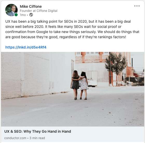 A screenshot taken from Mike Ciffone's LinkedIn showing a post he wrote about UX (User Experience) and SEO