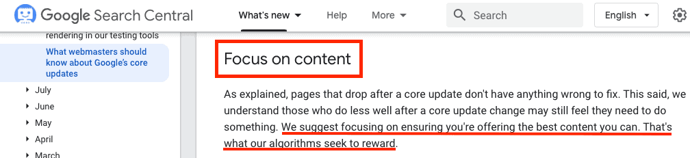 A screenshot from the Google Search Central site showing the company's official advice for SEOs after an algorithm update. TLDR: focus on ensuring that you're offering the best content you can.